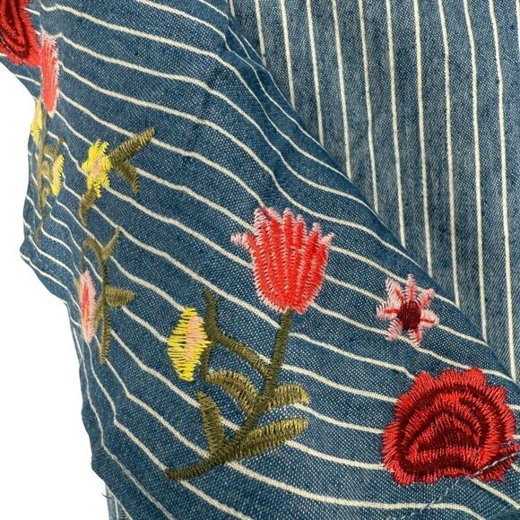 Wide Leg Jumpsuit L Blue Pin Striped Floral Embroidered Ruffle San Joy Open Back - Picture 4 of 11